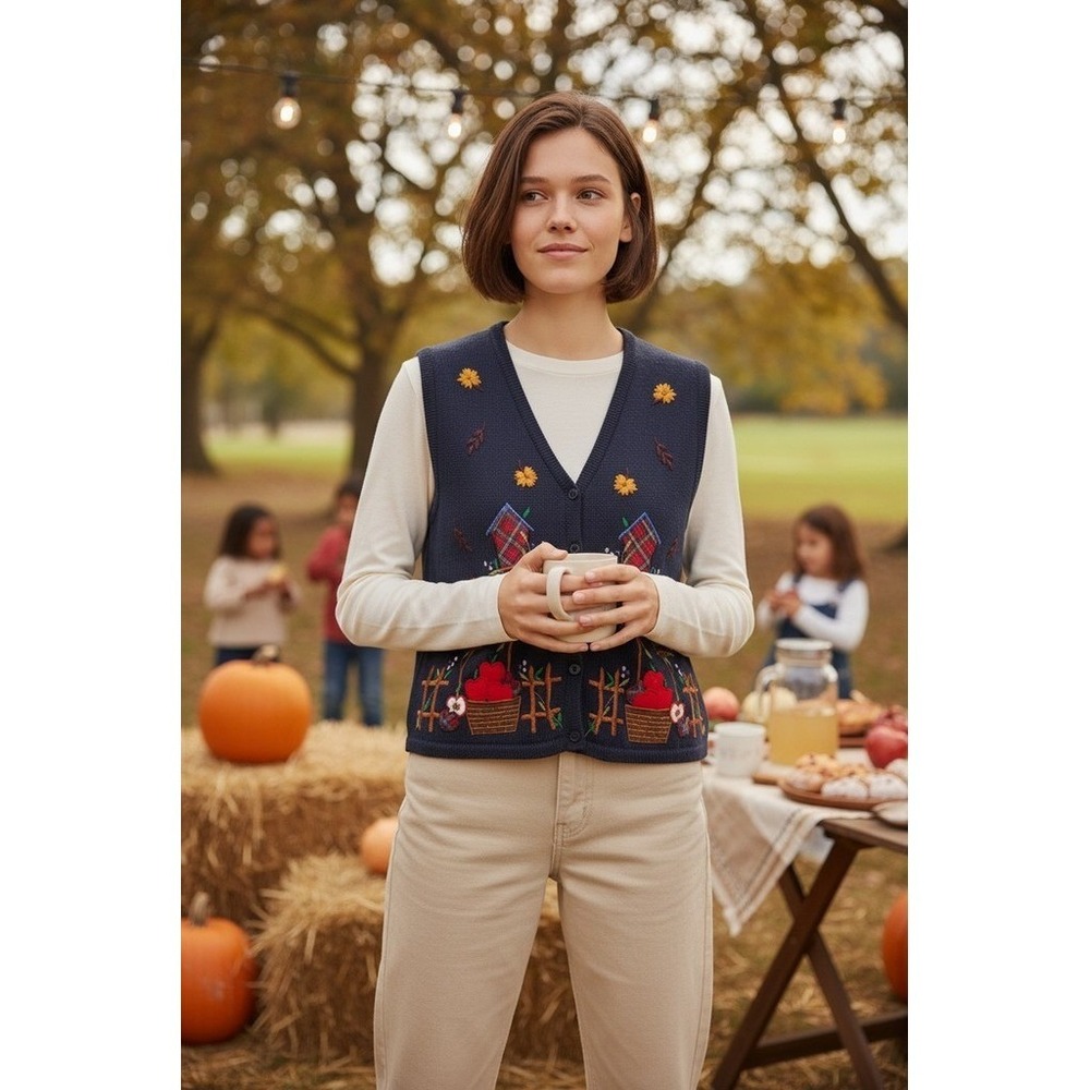 Harvest fall festival Sweater Vest L Dark Navy Embroidered autumn grandmacore